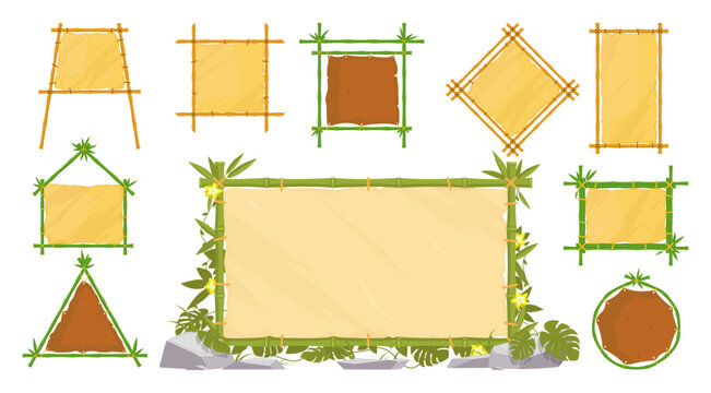 Hawaiian bamboo frames. Stretched leather or parchment empty beach banners. Natural material. Geometric shapes of jungle signboards. Vector set of various shapes of tropical stick borders