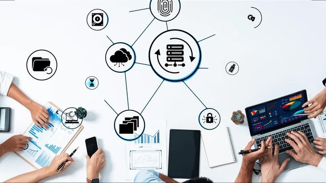 Data recovery icons show backup, data recovery process, and secure restoration. Data recovery ensures system reliability, data recovery protection, and information access. Funnel