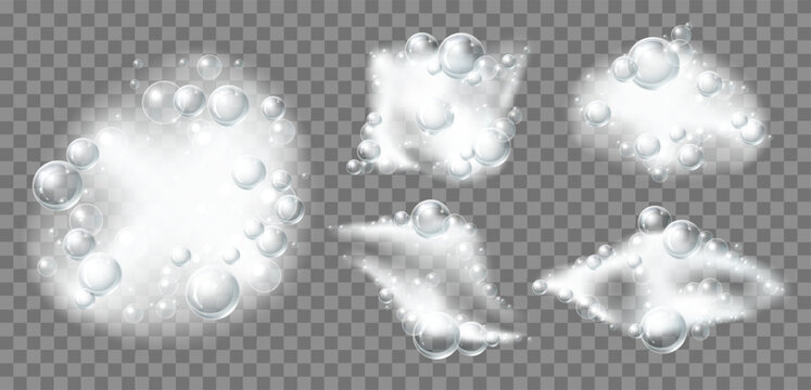 Foaming bath soap. Realistic soft shampoo mousse flakes. Bathing liquid with clear beads. Detergent balls. Washing suds heap. Vector 3D froth elements set on transparent background