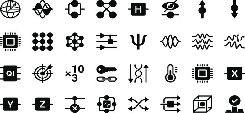 Set of black quantum computing and science icons