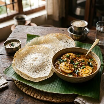 Traditional south indian breakfast appam and egg roast