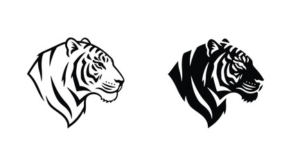 Tiger head profile portrait vector icon set with outline and solid black styles for wild animal branding and wildlife conservation design © Vector