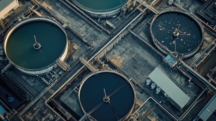 Naklejka premium Aerial view of industrial water treatment plant processing tanks