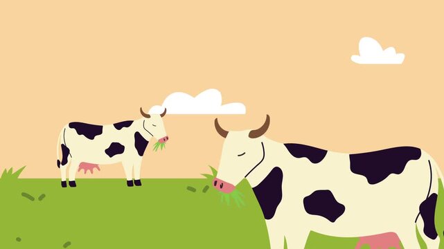 Two cows grazing in a lush green pasture with clouds floating across light orange sky on sunny day.
