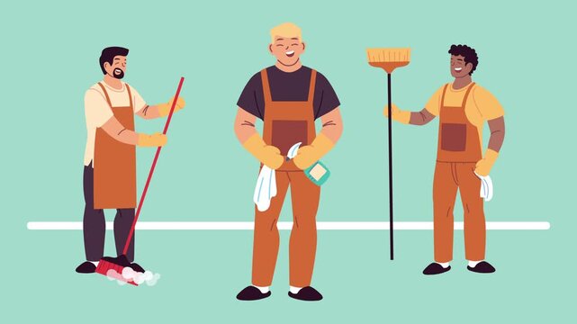 Animated characters for cleaning service, men with mops and brooms cleaning together.