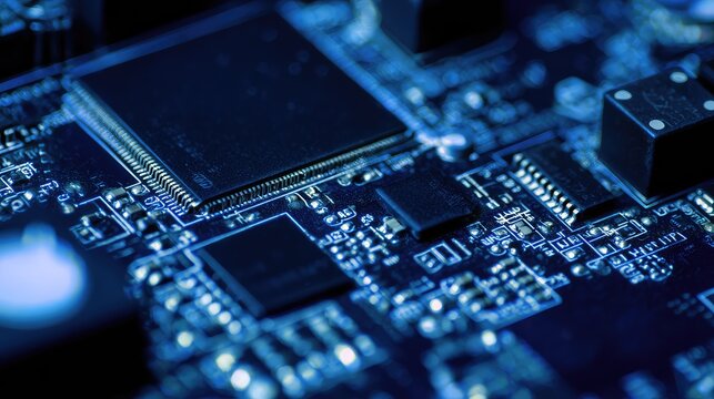 Computer circuit board with interconnected microchips and intricate wiring, blue lit pcb detail symbolizing high tech electronics, processors, data flow and modern digital infrastructure