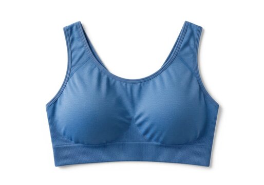Light blue sport bra with racquetback design and trimmed edges isolated on white background