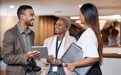 Fototapeta premium Lobby, tablet and networking with business people, group and financial feedback in meeting. Happy team, man and women at workplace with technology, planning or discussion for investment advice