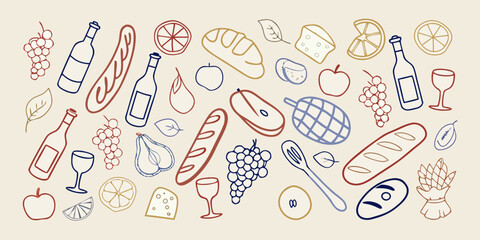 Hand drawn french picnic illustration with wine bread and fruit © Huraya