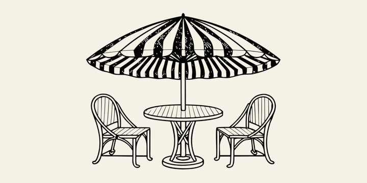 Outdoor cafe table and chairs with striped umbrella line art
