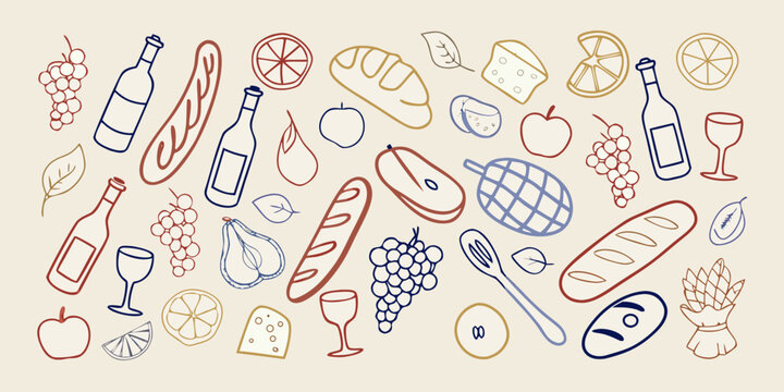 Hand drawn french picnic illustration with wine bread and fruit