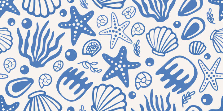 Blue seashell and starfish seamless pattern on white background