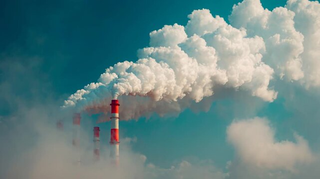 Power plant chimneys puffing thick white smoke against a teal blue sky, causing air pollution
