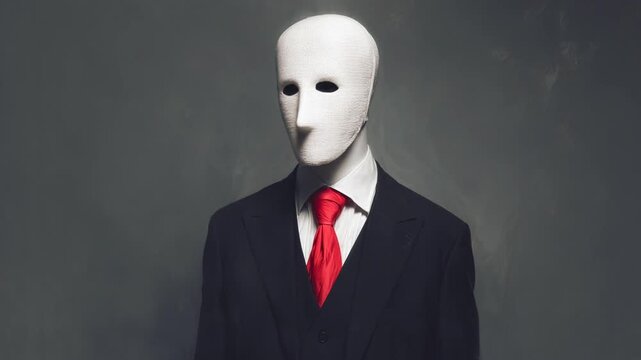 Mysterious faceless man in a suit and red tie looking at the camera against a gray background