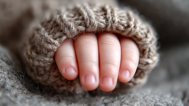 Extreme close-up of a sleeping newborn baby's tiny hand uncurling from a warm woolen sleeve