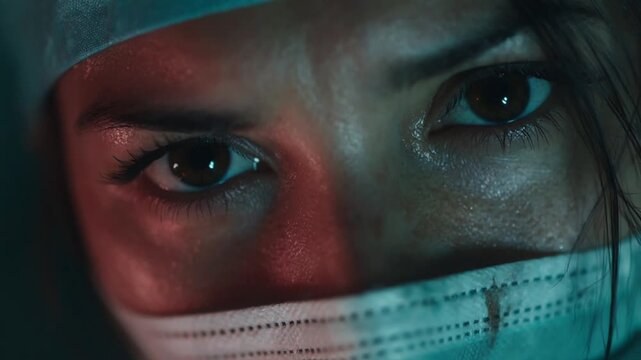 Extreme close up of a tired and sweaty surgeon with a mask looking at camera during surgery