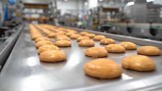 Freshly baked hamburger buns moving on a factory conveyor belt in a commercial food production facility
