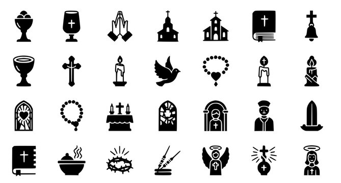 Collection of christian religious symbols and icons with crown of thorns