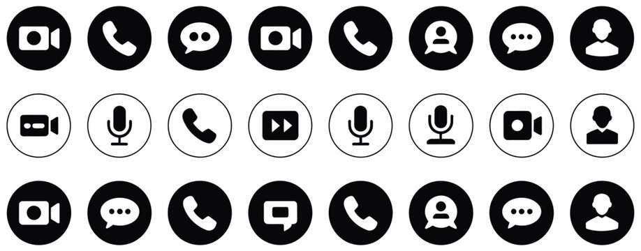 Video call button icon set screen template featuring camera, microphone, speaker, chat, and profile interface elements vector illustration
