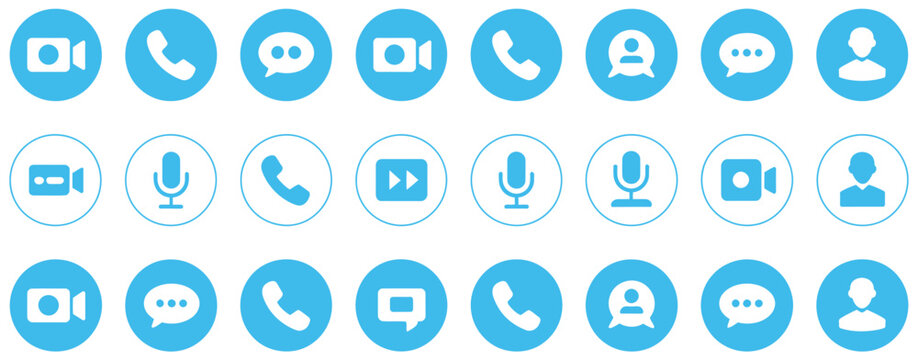 Video call button icon set screen template with camera, handset, microphone, speaker, message, and profile vector design