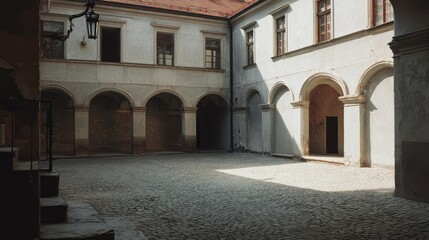 Naklejka premium Empty old castle or palace courtyard featuring historic architecture, stone archways, and a cobblestone paving, with long shadows from the late afternoon sun