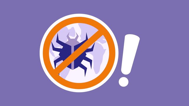 Global cyber security animation with antivirus sign and bug icon on purple background.