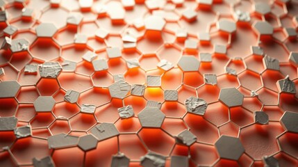 Obraz premium Hexagonal pattern dominates image. Orange glows between metallic shapes. Abstract texture creates depth, focus point visible.