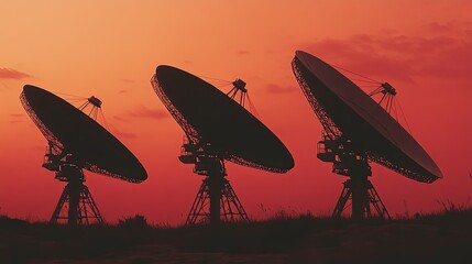Fototapeta premium Astronomy research facility tracking cosmic waves and communicating through advanced satellite dishes, creating global connections during a vibrant evening sky