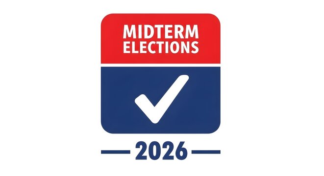 Simple graphic design showing midterm elections voting sticker with checkmark and the year 2026.