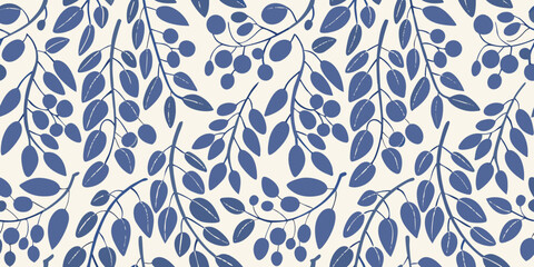 Blueberry branch and berry seamless pattern on a cream background © Huraya