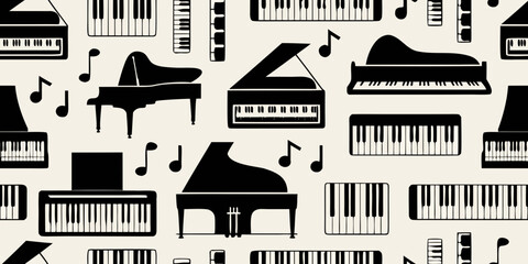 Seamless pattern of black pianos and musical notes on a beige background © Huraya