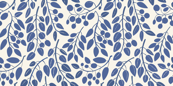 Blueberry branch and berry seamless pattern on a cream background