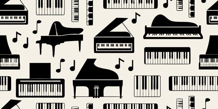 Seamless pattern of black pianos and musical notes on a beige background
