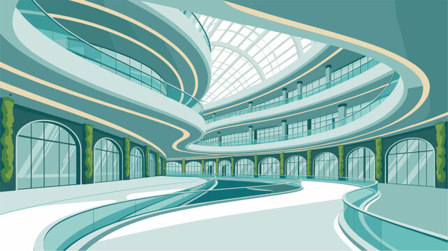 Modern atrium with flowing curves and glass ceiling. Light blue tones create serene, futuristic atmosphere. Architectural design emphasizes openness and movement. Ideal for corporate, tech