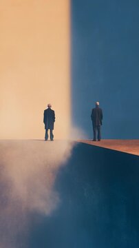 Two businessmen standing on the edge of a cliff facing a stark color divide