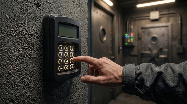 Close up of a hand entering a code on a glowing keypad mounted on a textured wall with a vault door in the background