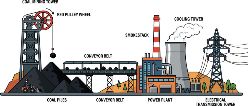 Coal energy production process with mining tower, conveyor belt, power plant, smokestack, cooling tower, and transmission lines