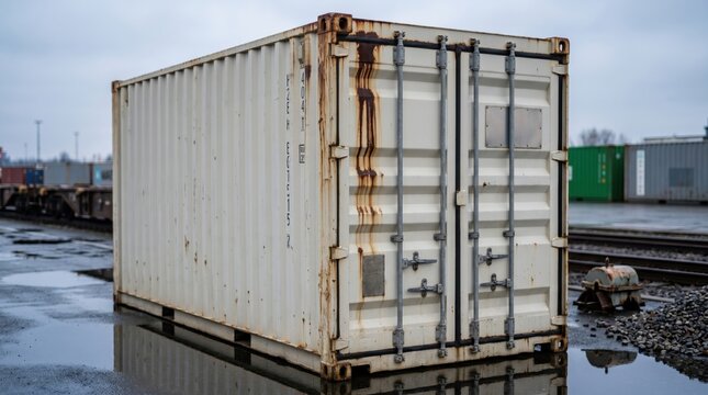 Weathered white shipping container sits on wet ground at a logistics yard with trains and other containers visible