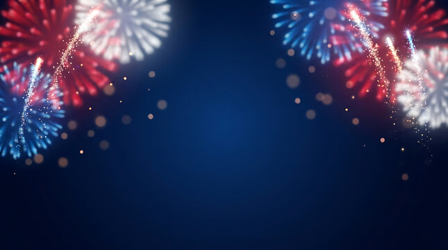 Soft Patriotic Fireworks Bokeh Background with Red White Blue Celebration Lights and Clean Dark Space for Holiday Graphic Design