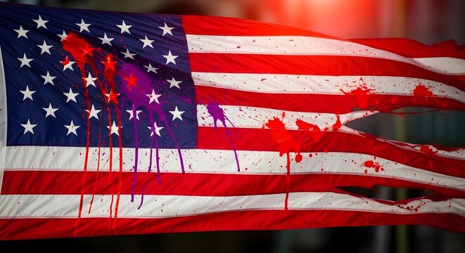 Tattered american flag with red and purple paint splatters