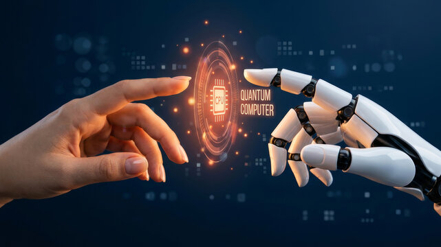 Quantum computing network security artificial intelligence robot hand human hand touch interface chip. Quantum computing network security encryption future protection innovation