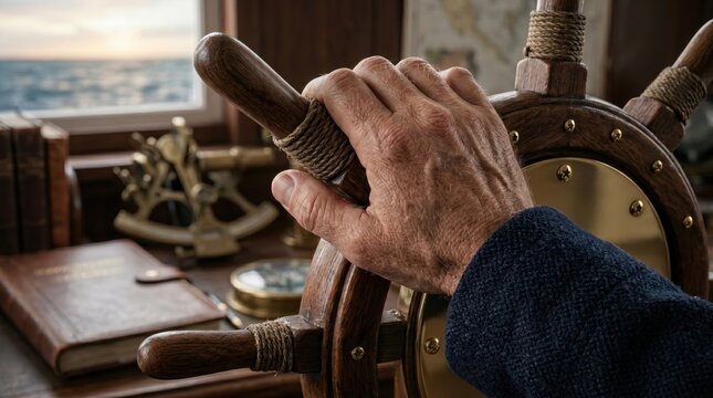 Hand gripping wooden ship's wheel sea view through window nautical instruments antique books