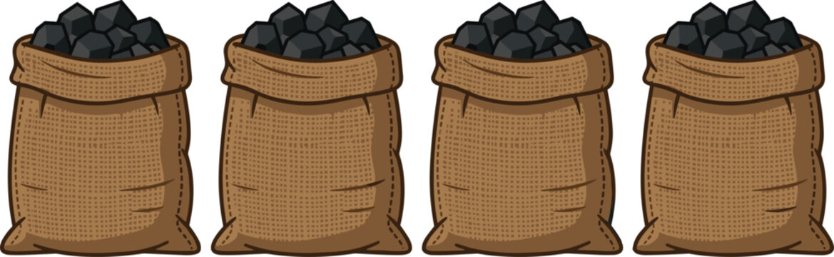 Cartoon burlap sacks filled with coal pieces symbolizing mining resources, energy production, and industrial transport