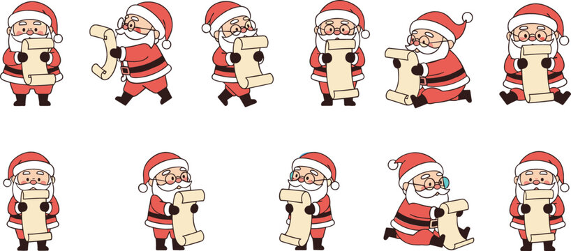 Cute Santa Claus character vector set reading long Christmas wish list scroll in various poses for holiday season greeting cards and festive decorations.