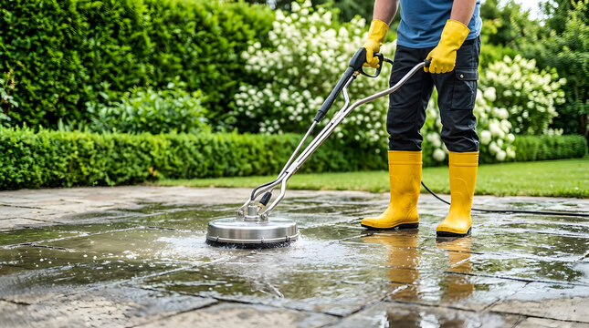 Professional pressure washing service for stone patio | High pressure surface cleaner in garden | Outdoor hardscape maintenance and cleaning | Cleaning flagstone patio with industrial power washer