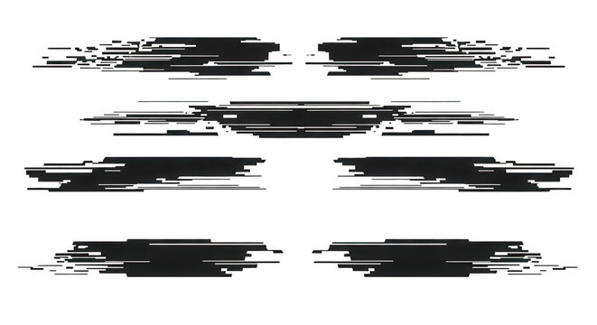 Set of abstract glitch effect brush strokes, digital distortion elements, horizontal lines isolated on transparent background