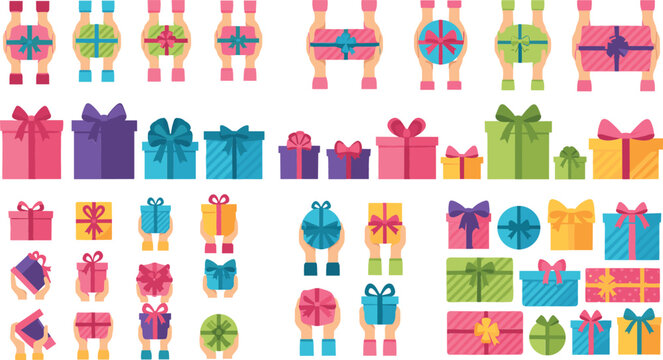 Gift box vector set featuring colorful wrapped presents, hands holding surprises, and various holiday celebration icons in a flat illustration style.