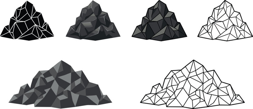 Low poly rock formations and mountain pile vector set with geometric polygon shapes for digital art and design