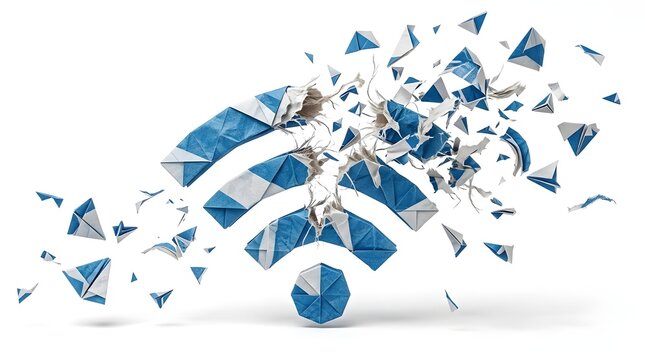 3d origami wifi signal breaking apart digital disconnect glitch concept