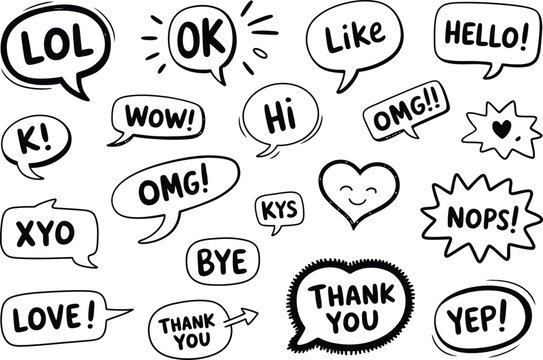 Hand-drawn speech bubble set with text expressions including lol, ok, wow, omg, hi, hello, love, bye, thank you, and yep, isolated on white background, in black and, white doodle style